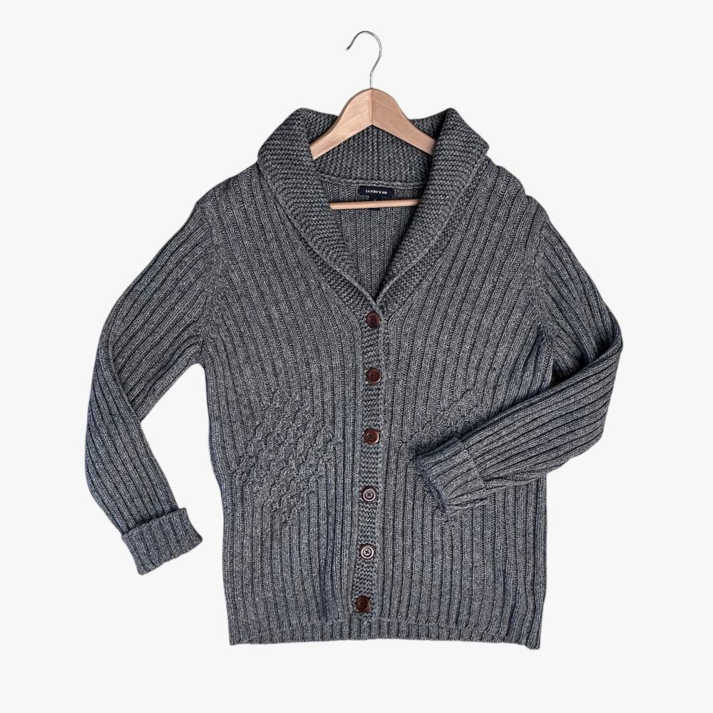 Lands’ End Diamond Pattern Knit Cardigan Shawl Collar Sweater XL Academia Preppy